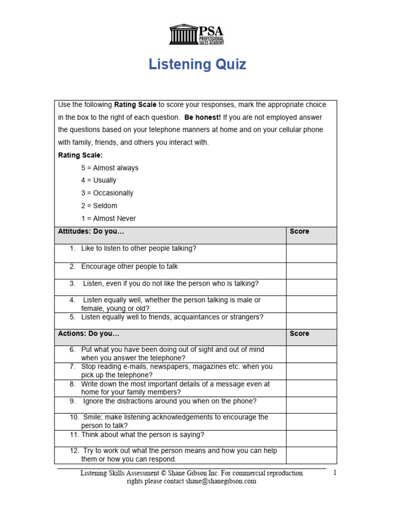 Listening Skills Assessment Quiz | PDF | Communication | Human ...