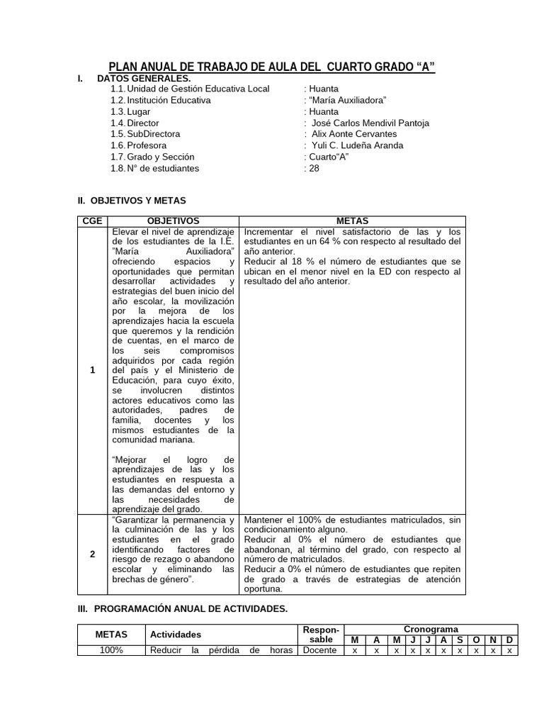 Plan Anual Cuarto Grado A 2024 | PDF | Salón de clases | Maestros