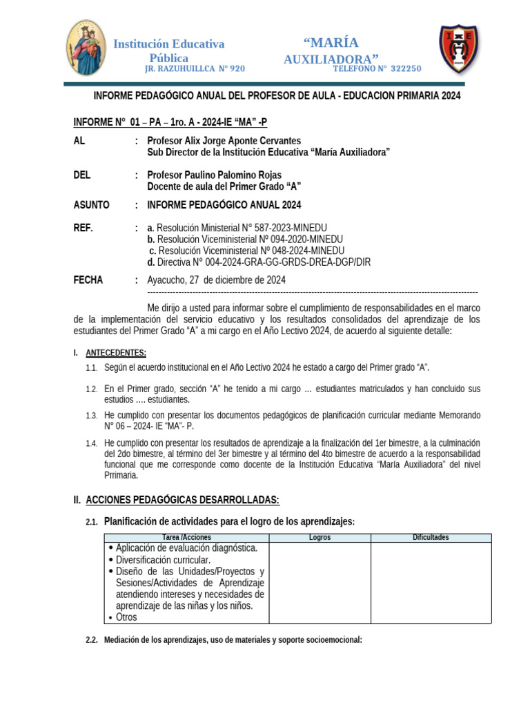 Informe Pedagógico Anual 2024 | PDF | Evaluación | Segundo lenguaje