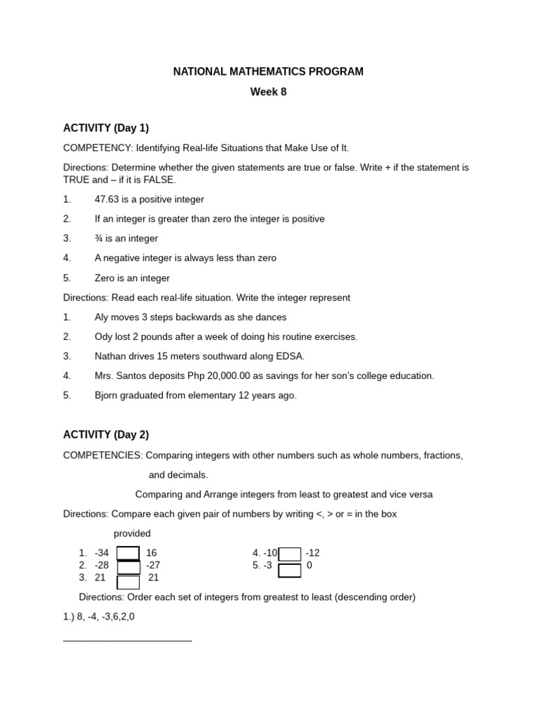 Real-Life Integer Activities for Students | PDF | Numbers | Integer