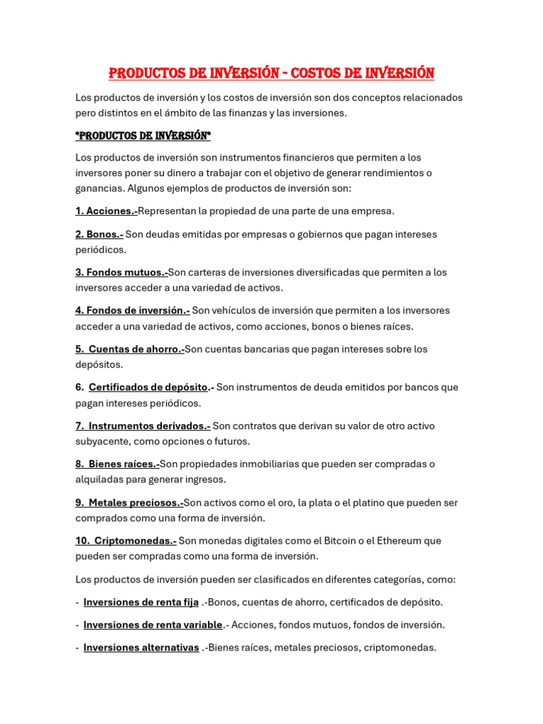 Productos y Costos de Inversión Financieros | PDF | Inversiones ...