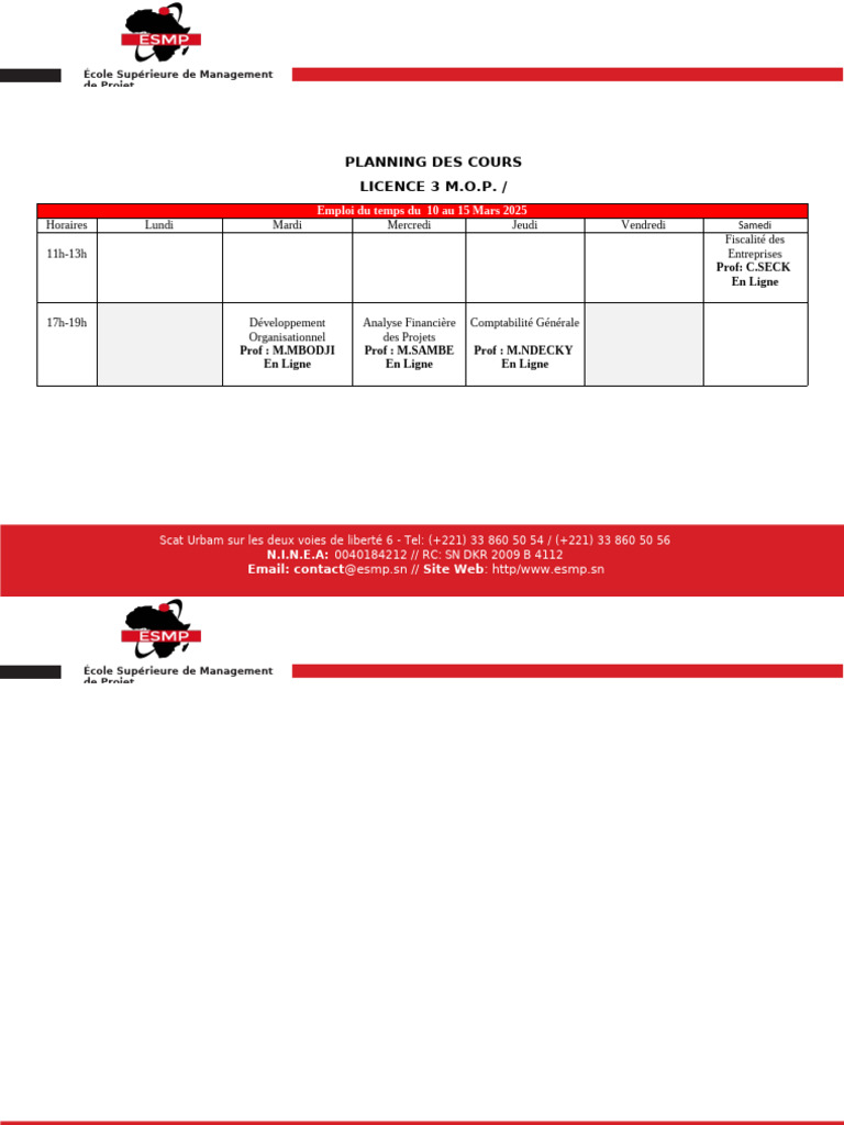 Emploi Du Temps Licence 3 Mop Semaine Du 10 Au 14 Mars 2025 | PDF
