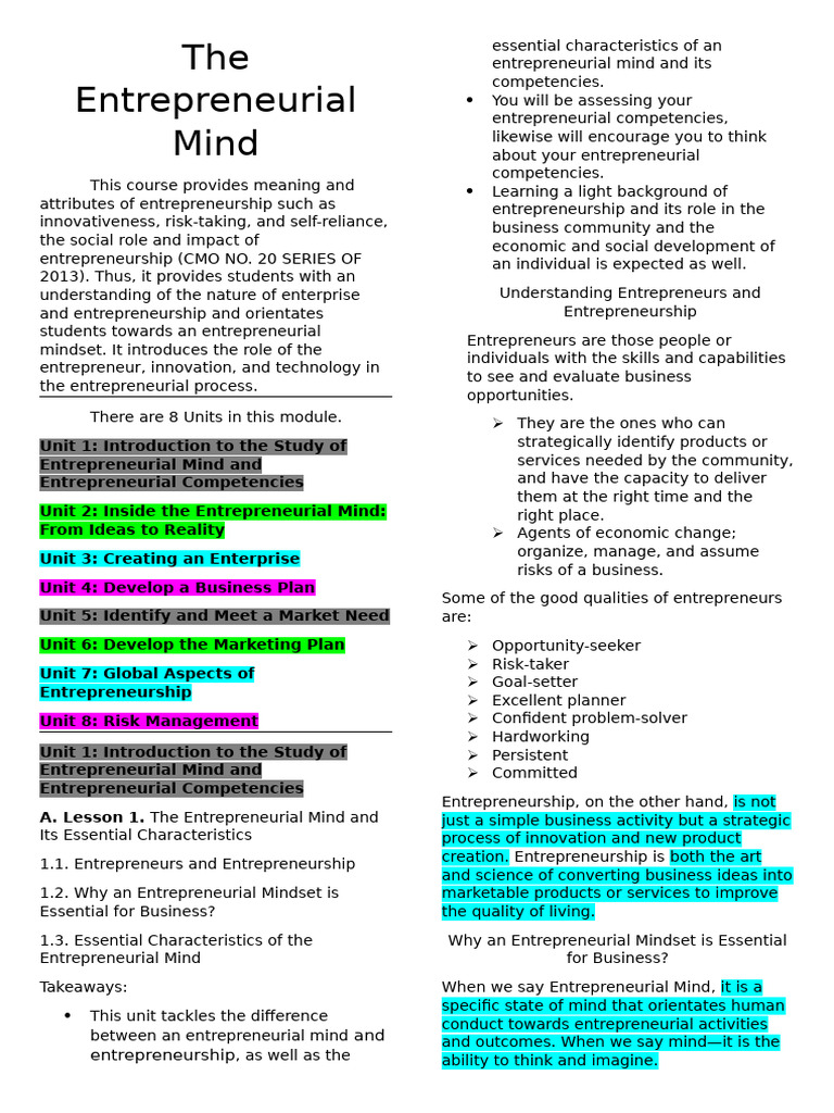 The Entrepreneurial Mind (Notes) | PDF | Entrepreneurship | Cognition