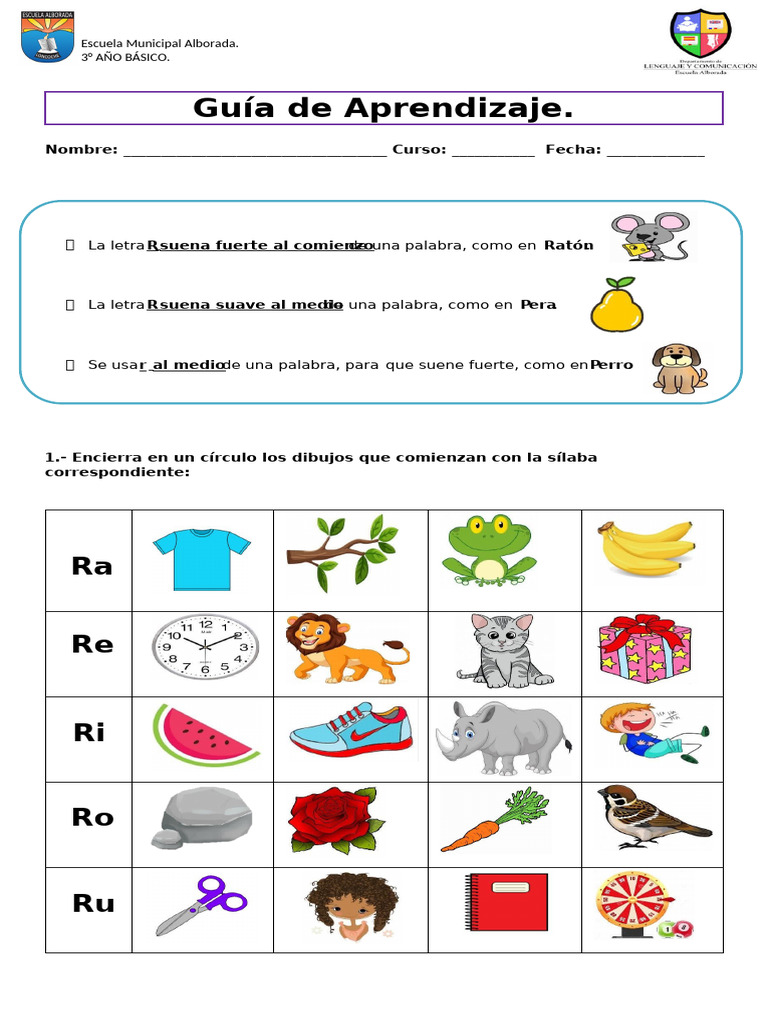 Guía de Aprendizaje: Sílaba R 3° Básico | PDF