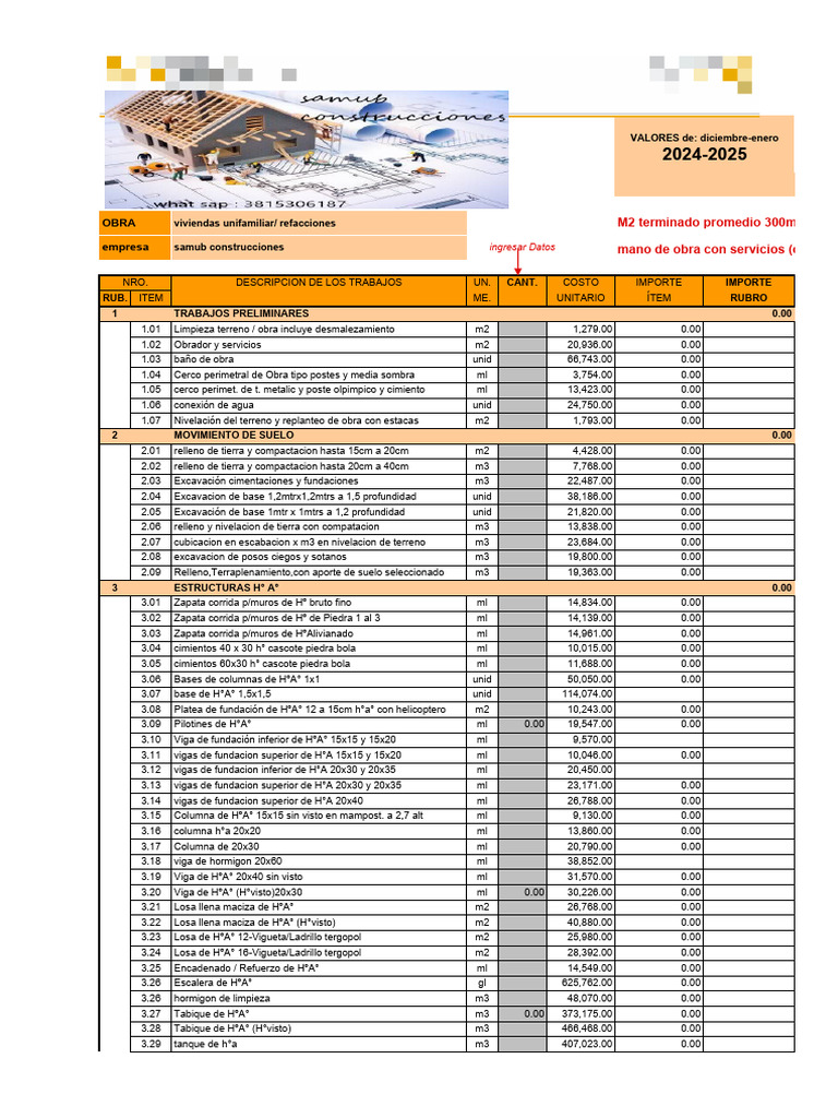 Precios M.O. Ene 25 | PDF | Albañilería | Fundación (Ingeniería)