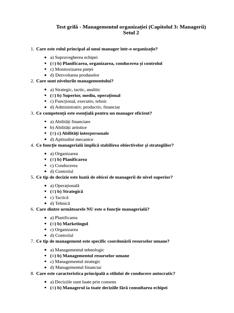 Test Grila 1 - Managerii - Rezolvat | PDF