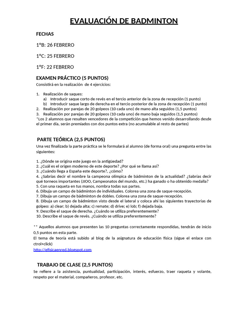 Examen Badminton 1eso | PDF