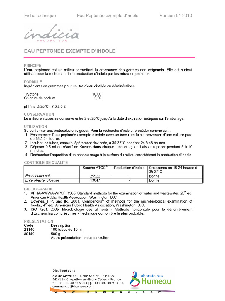 Eau Peptonée Exempte d'Indole | PDF
