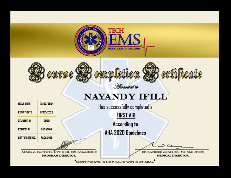First Aid Certification - Nayandy Ifill | PDF