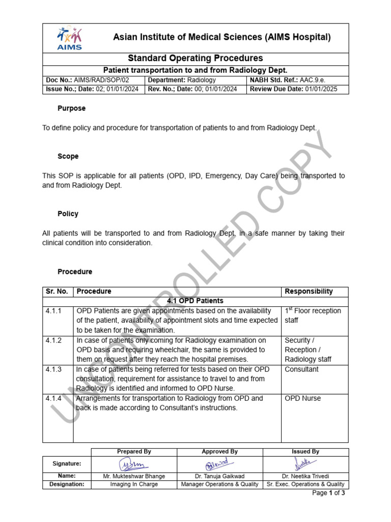 Patient Transport SOP for Radiology | PDF | Radiology | Intensive Care Unit