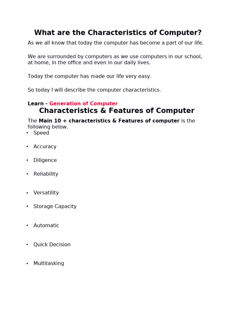 What Are The Characteristics of Computer | PDF | Data | Computer Data ...