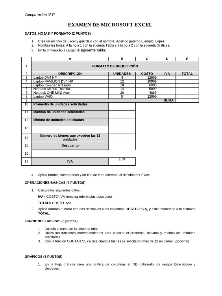 Examen de Microsoft Excel 3°1° | PDF | Microsoft Excel | Arquitectura ...