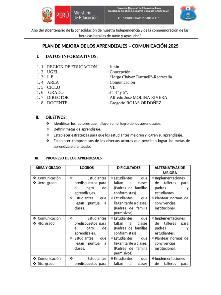 Plan de Mejora de Aprendizajes 2025 | PDF | Aprendizaje