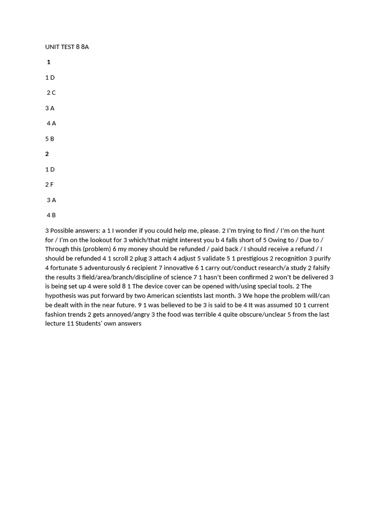 Unit Test 8A Answer Key and Guide | PDF
