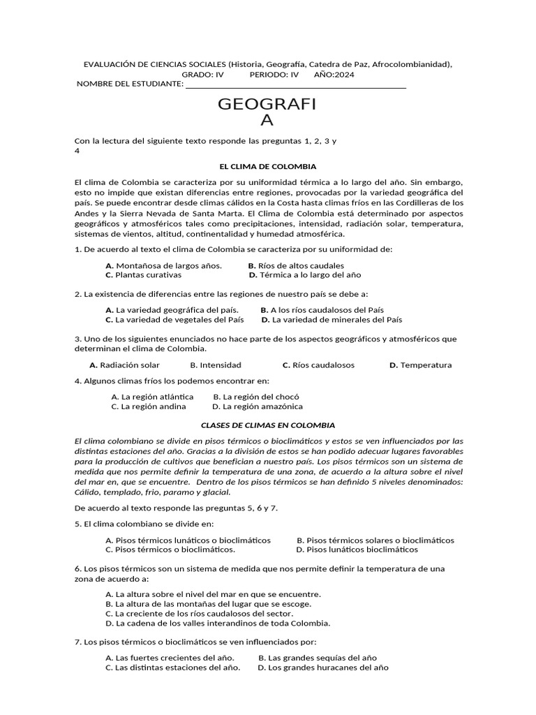 EVALAUCION FINAL DE SOCIALES y ETICA GRADO 4 CUARTO PERIODO 4 | PDF ...