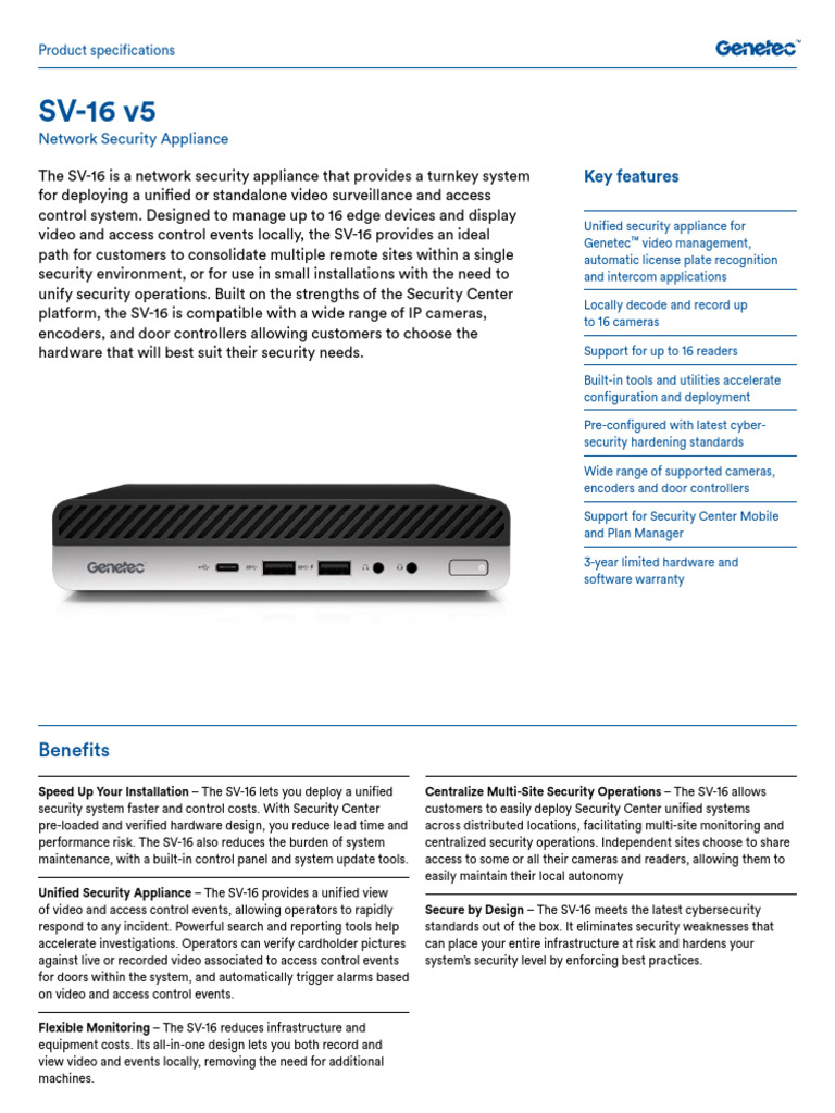Genetec SV-16 Unified Security Appliance | PDF | Access Control | Usb