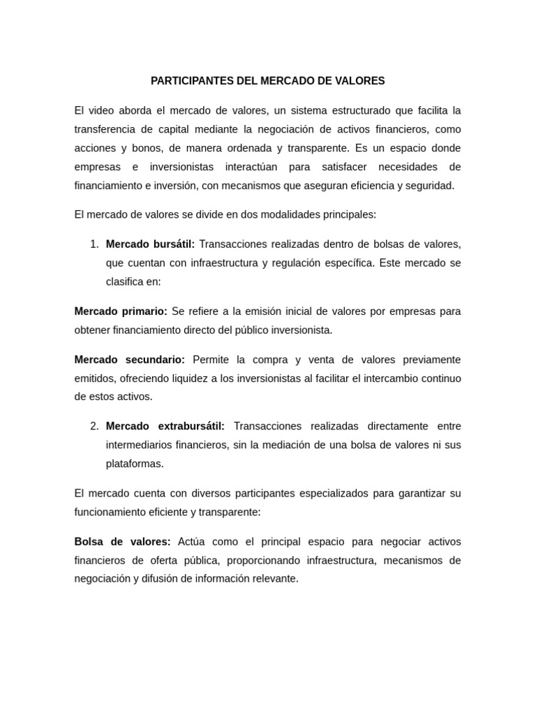 Participantes Del Mercado de Valores | PDF | Bolsa de Valores | Bolsa