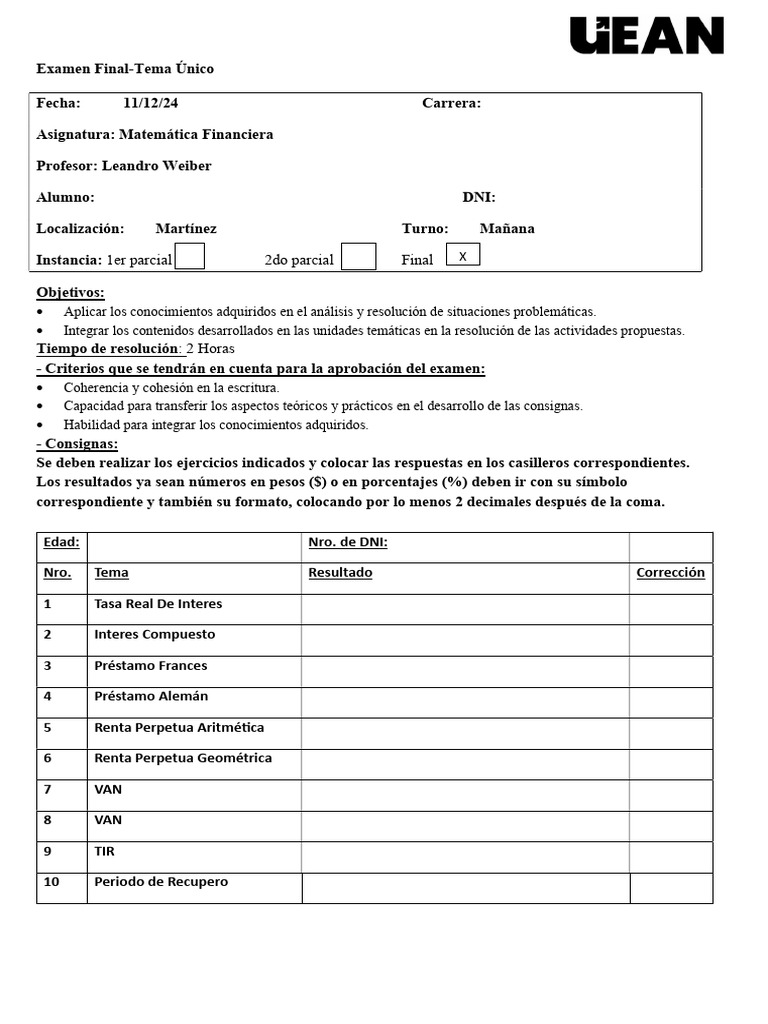 Examen Final de Matemática Financiera | PDF | Interés | Dinero