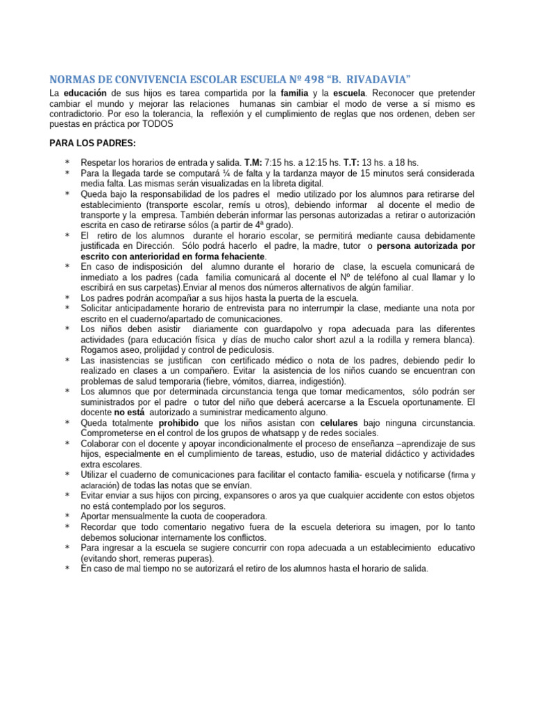 Normas de Convivencia Escolar 498 | PDF | Escuelas | Maestros