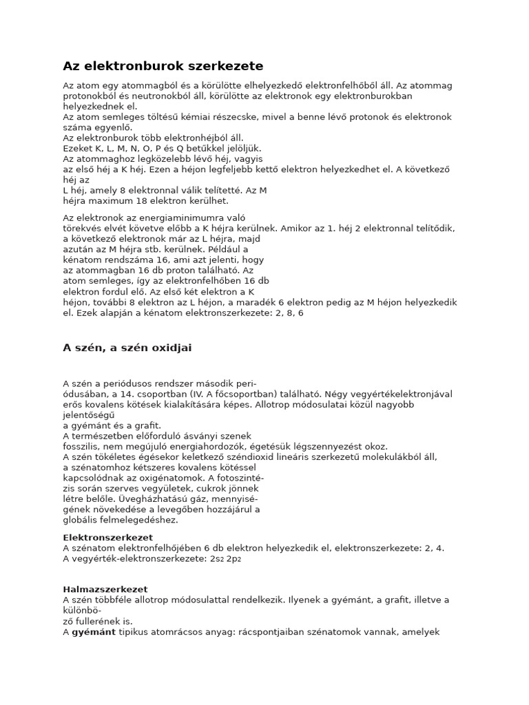 Az Elektronburok Szerkezete. A Szén, A Szén Oxidjai És A Szénsav. | PDF