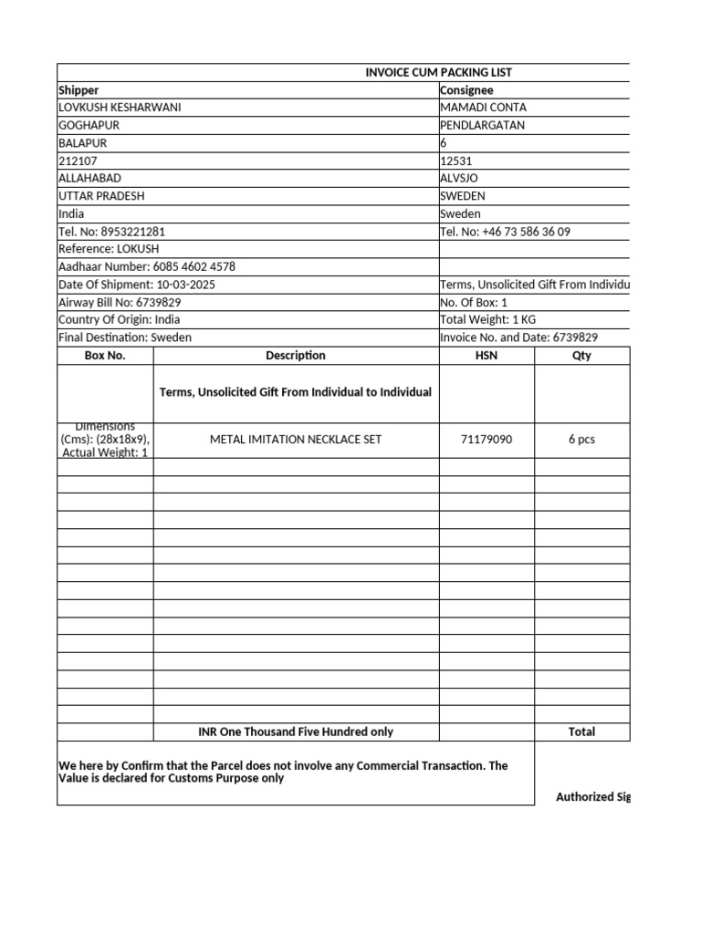 Invoice and Packing List for Gift Shipment | PDF