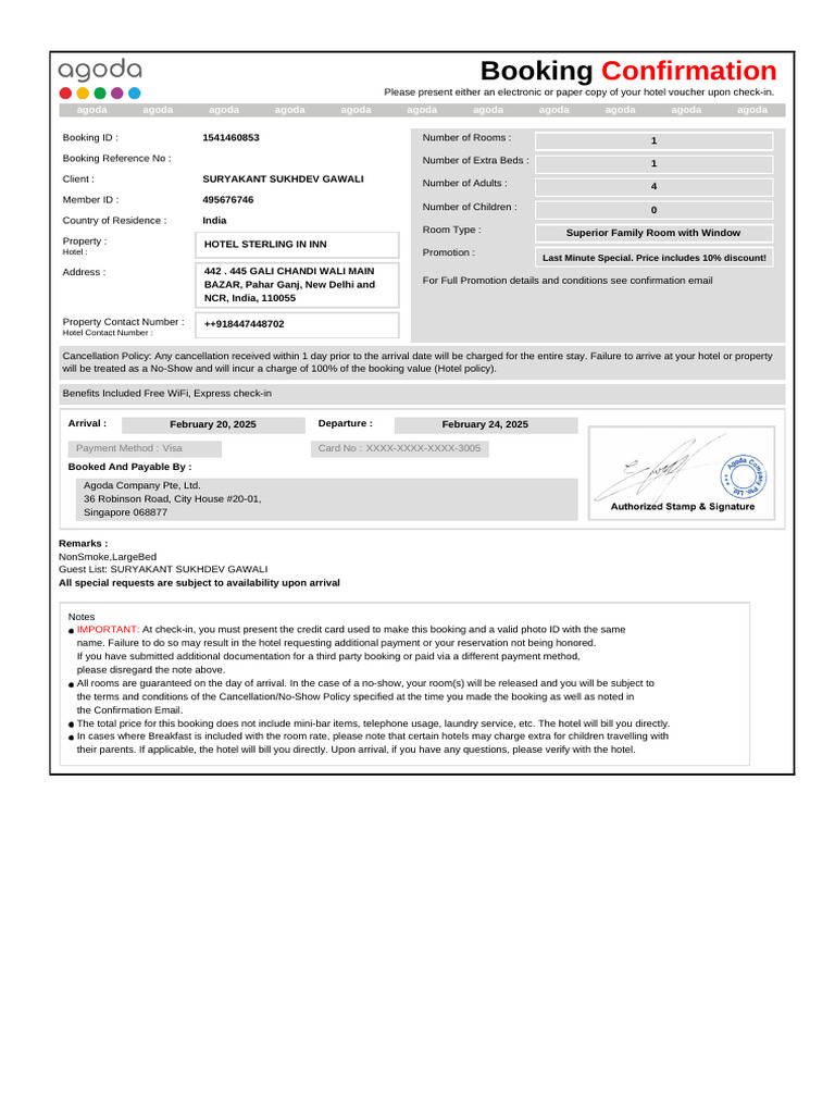 Confirmation For Booking ID # 1541460853 | PDF | Hotel