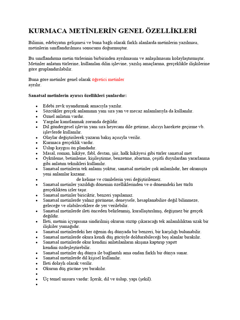 Kurmaca Metinlerin Genel C3b6zellikleri | PDF