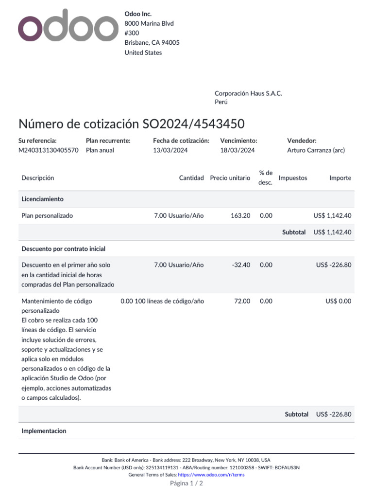 Información de pago Odoo y ABA 121000358 | PDF | Informática