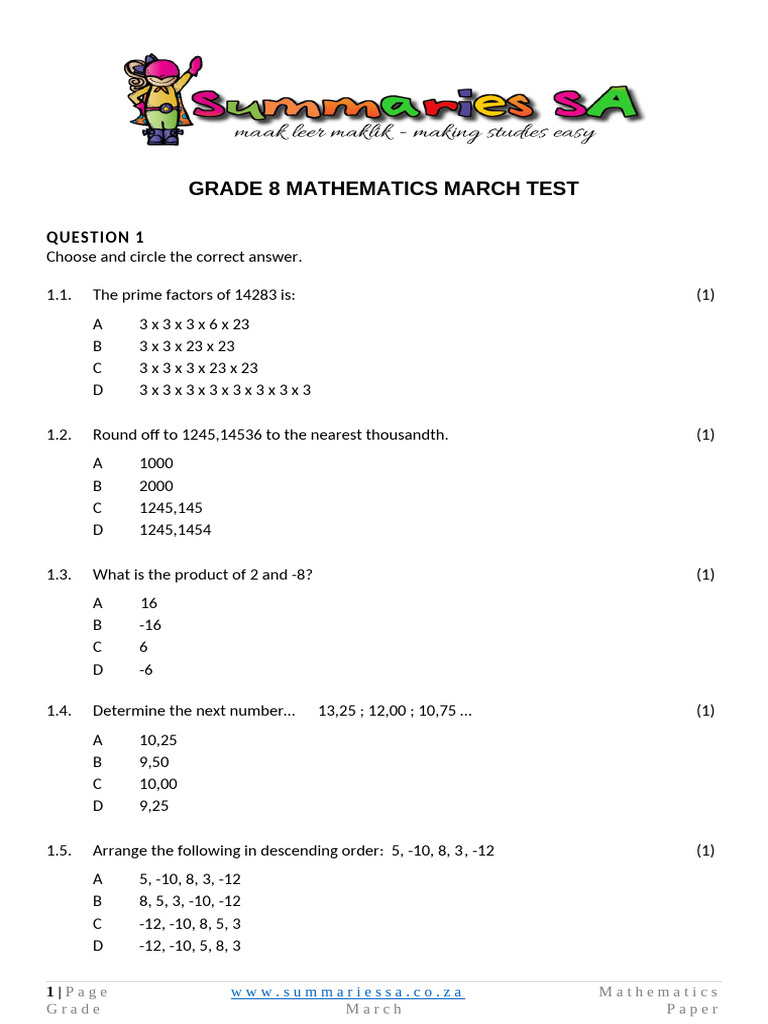 Grade 8 Mathematics March Paper and Memo 2024 (The SMI) | PDF | Mathematics