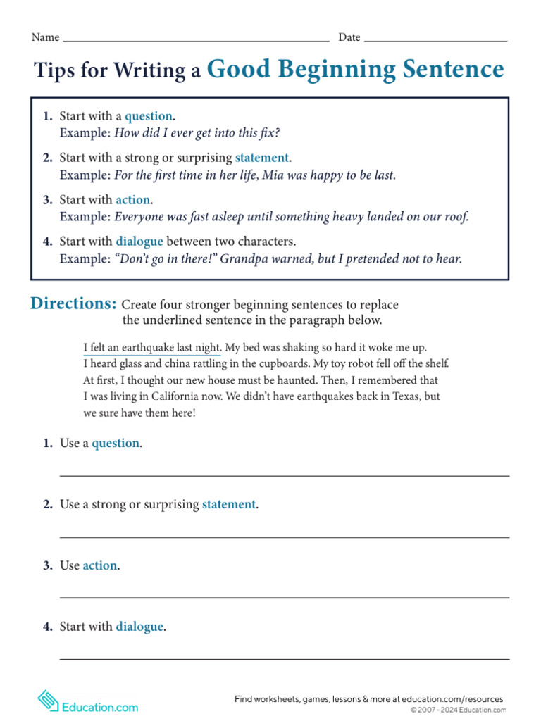 Writing Workshop Good Beginning Sentence | PDF