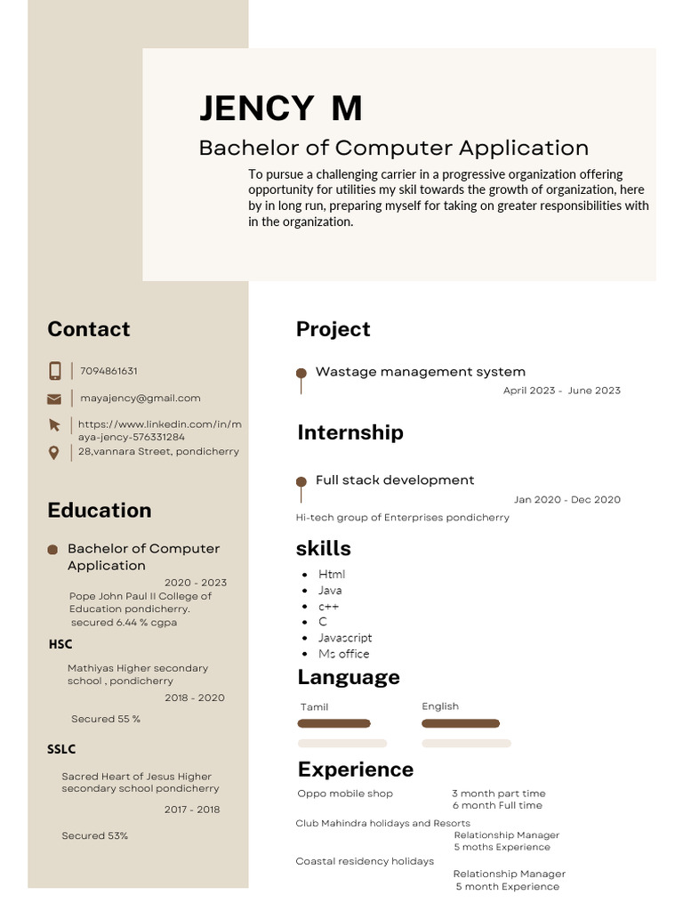 Jency M: Bachelor of Computer Application | PDF