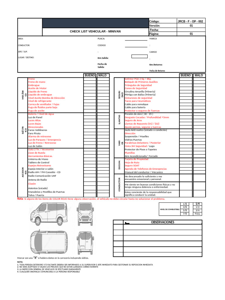 Check List Vehicular para Minivan | PDF | Tecnología de vehículos | Coche