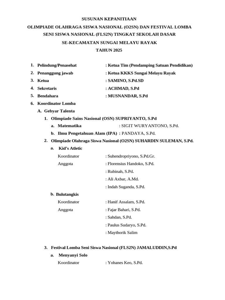 Susunan Panitia O2SN dan FLS2N 2025 | PDF