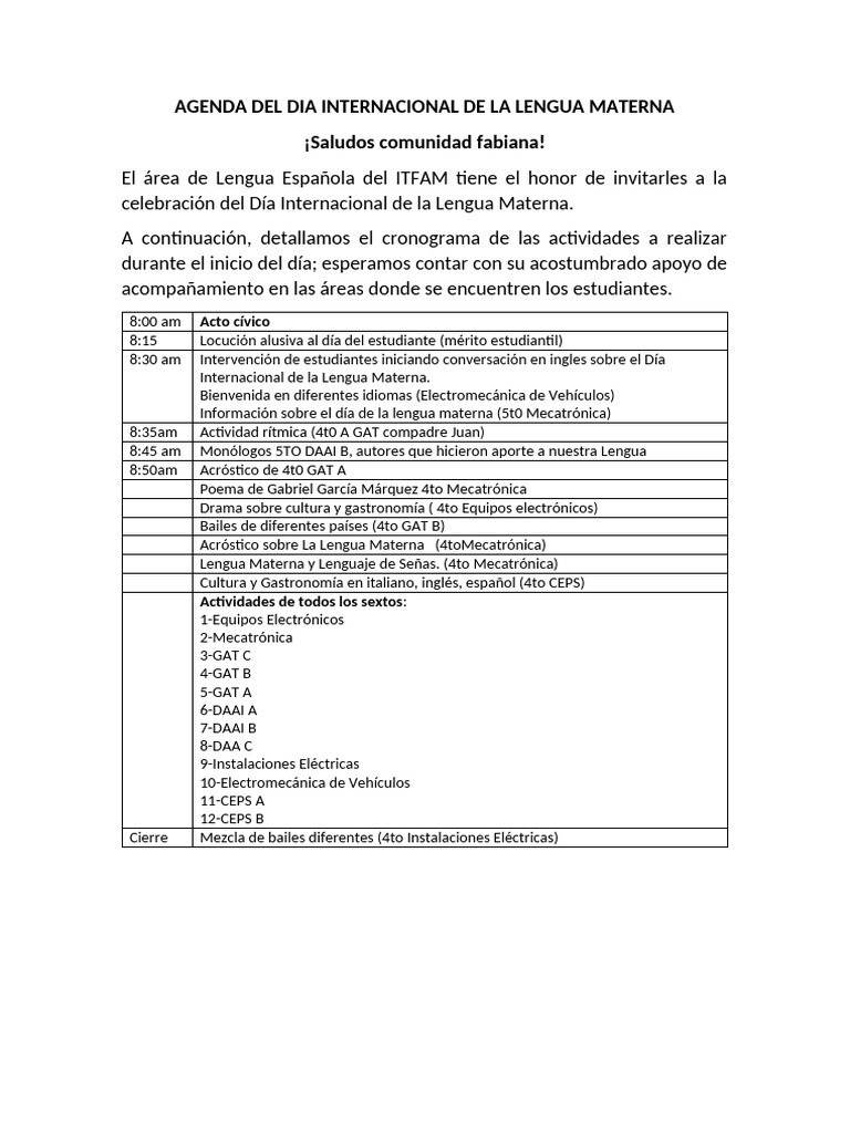 Agenda Del Dia Internacional de La Lengua Materna | PDF