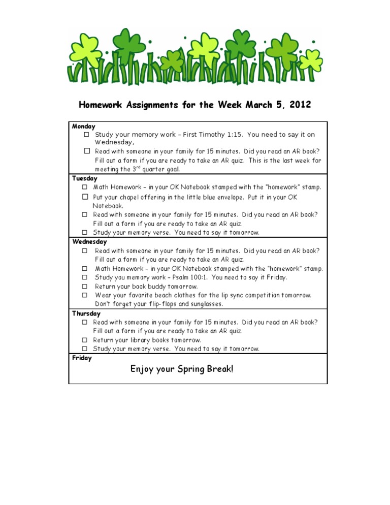 Weekly Homework Assignments March 2012 | PDF | Leisure