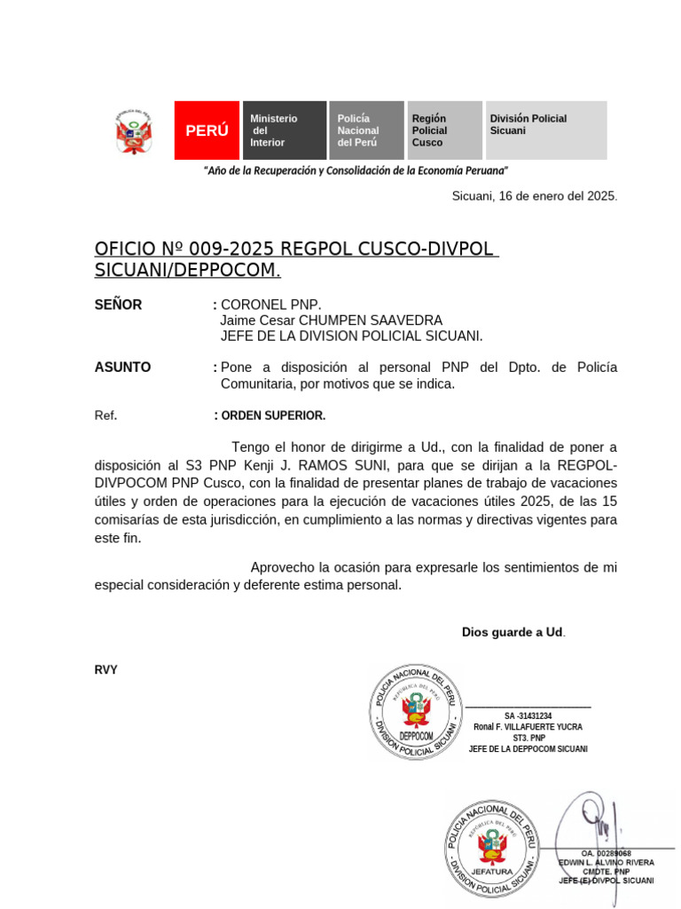 Oficio de disposición de personal PNP | PDF