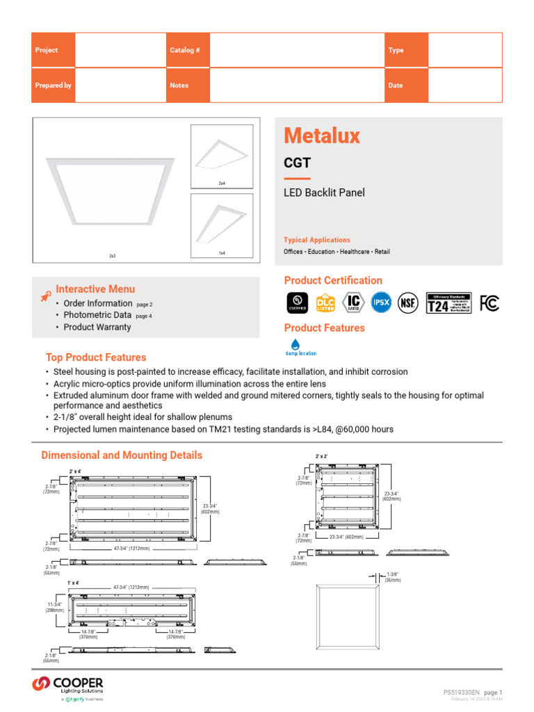 Metalux CGT Led Panel Specsheet | PDF | Lighting | Manufactured Goods