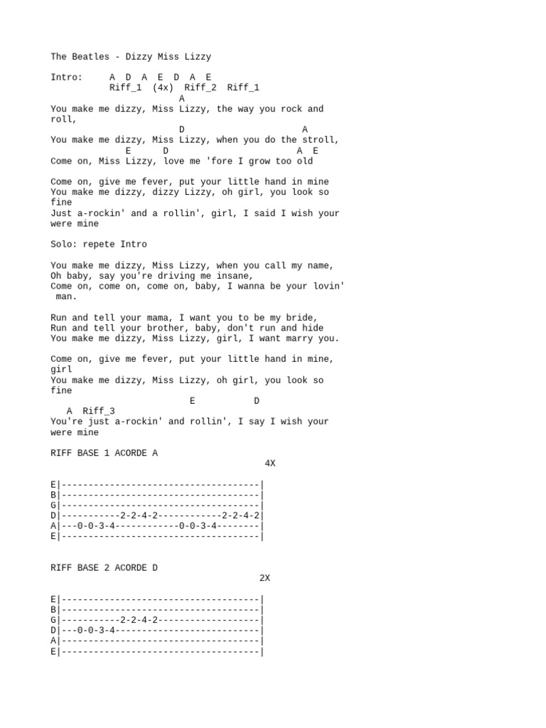 Beatles: Dizzy Miss Lizzy Chords | PDF | The Beatles