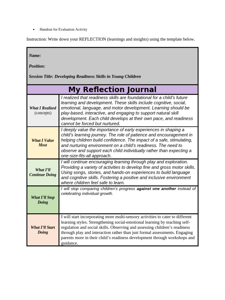 Reflection on Developing Readiness Skills | PDF