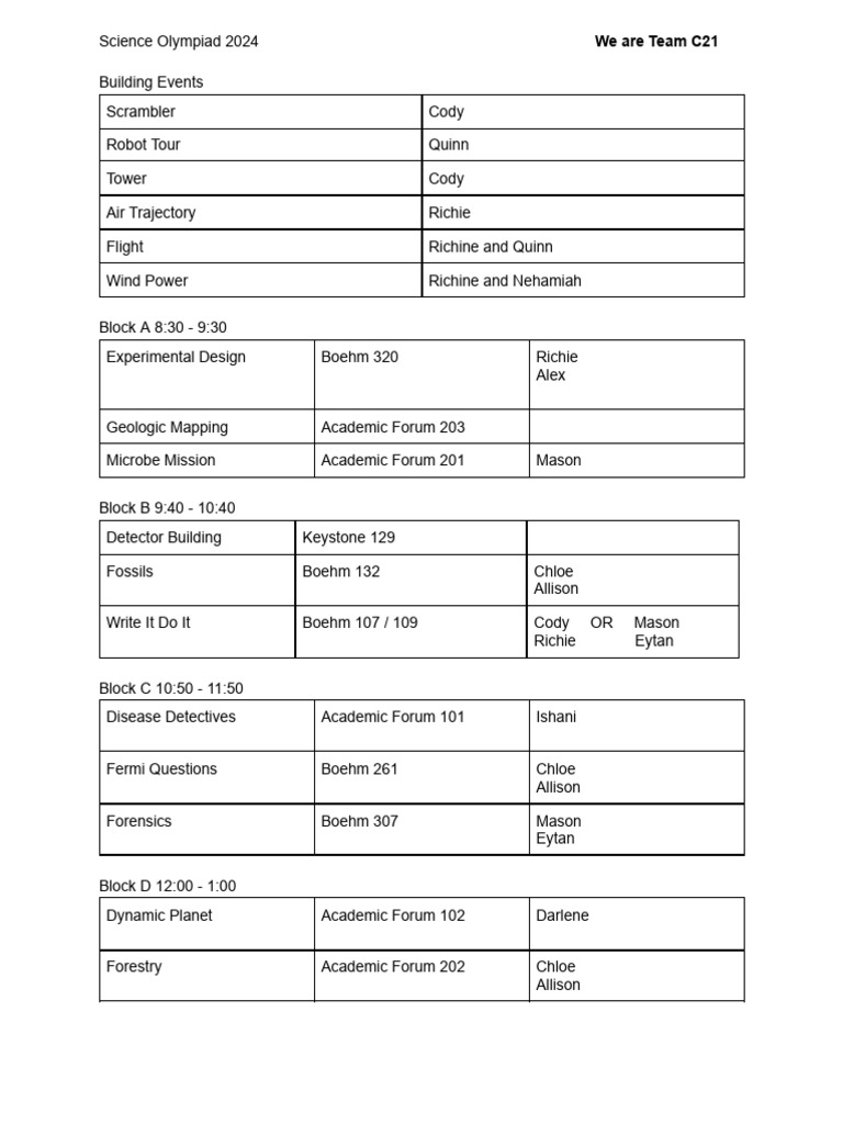 Final Version - Sci Oly Schedule 2024 1 | PDF | Science