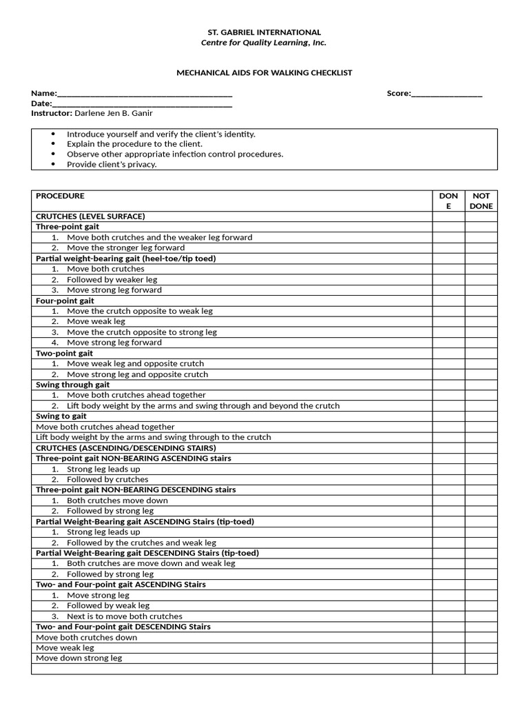 Mechanical Aids for Walking Checklist | PDF