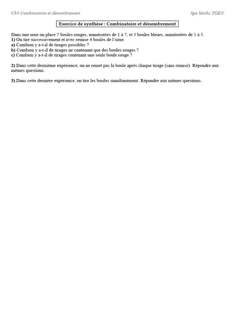 Combinatoire : Tirages de Boules en Urne | PDF