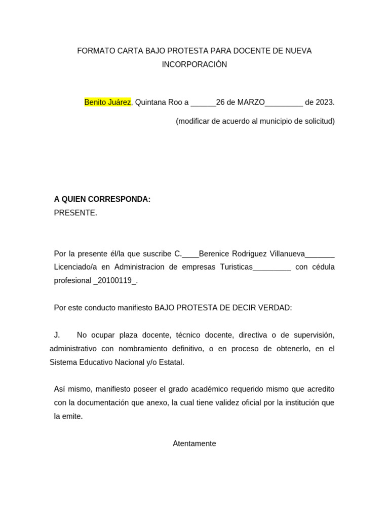 Carta de Protesta para Docente Nuevo | PDF