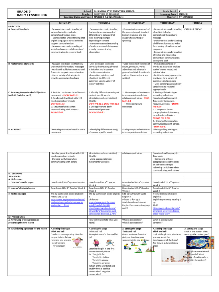 Grade 5 DLL English 5 Q4 Week 4 | PDF | Reading Comprehension | English ...