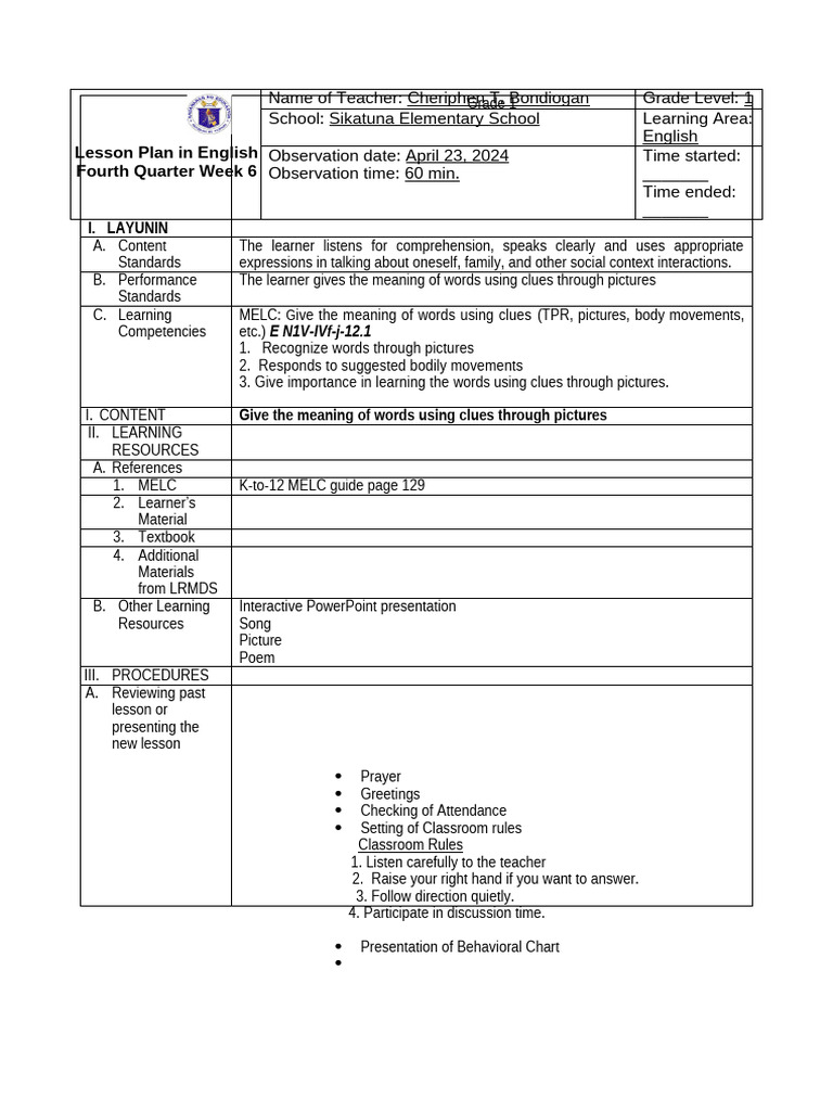 GRADE 1 DLP Q4 | PDF | Learning | Behavior Modification