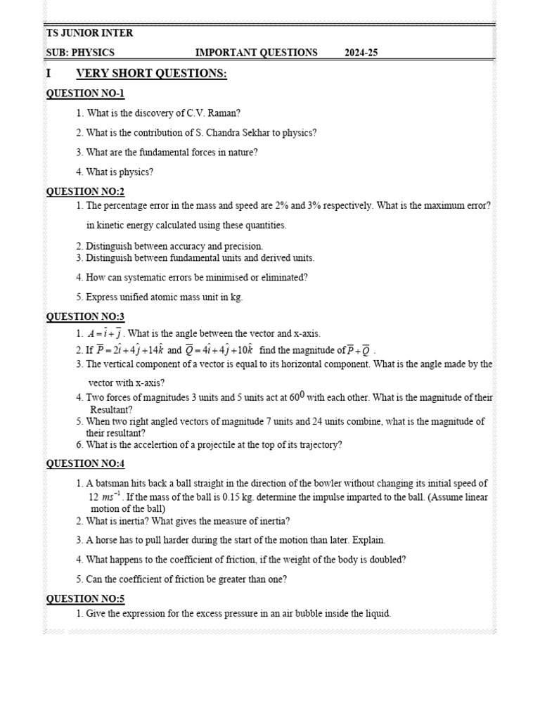 Important Physics Questions 2024-25 | PDF | Collision | Angular Momentum