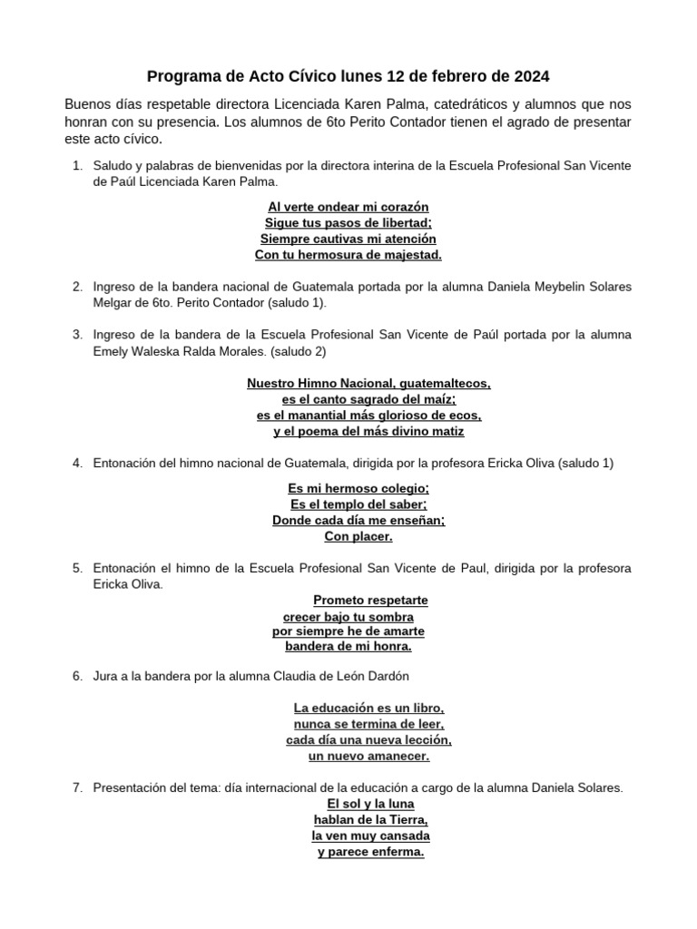 Programa de Acto Cívico 12de Febrero de 2024 | PDF
