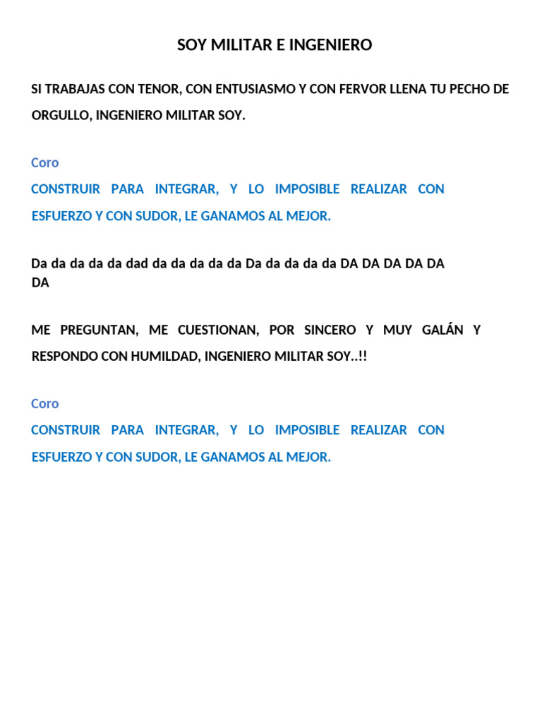 Letra Del Canto Al Ingeniero Militar de La FAB-1 | PDF