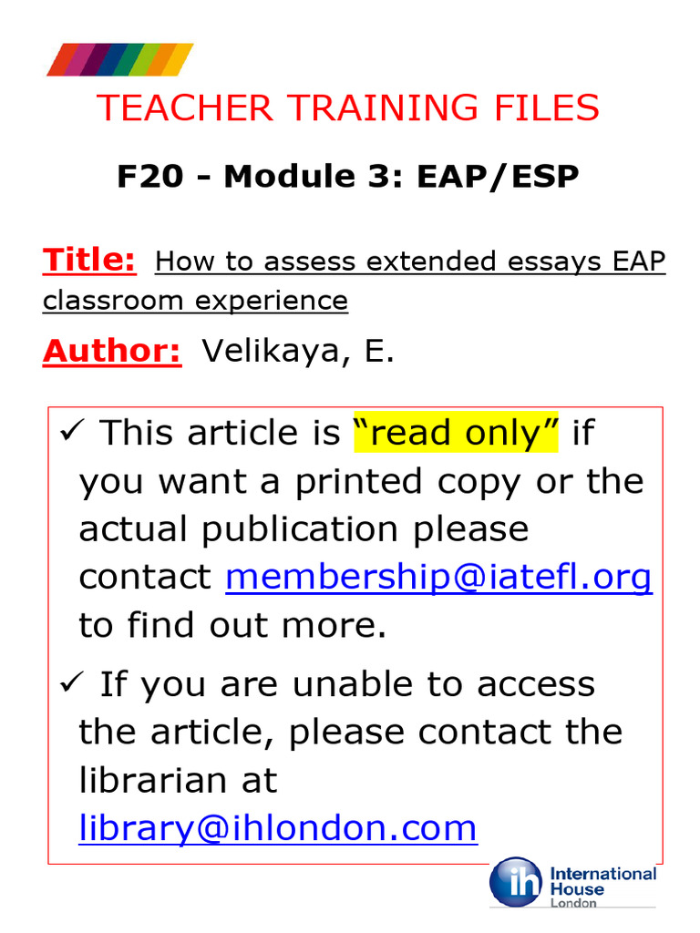 Velikaya, E. How To Assess Extended Essays EAP Classroom Experience ...