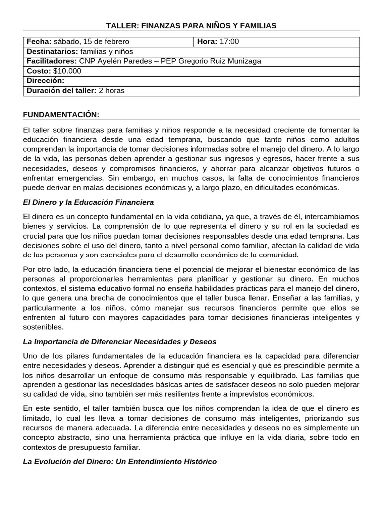 Taller de Finanzas para Niños y Familias | PDF | Educación financiera ...